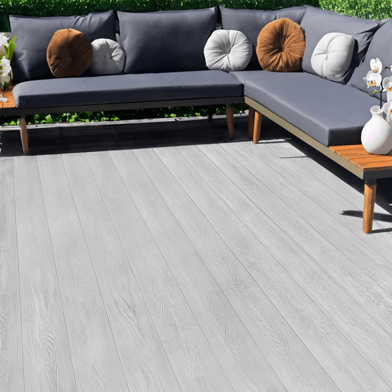 Light grey composite decking with outdoor seating, showcasing modern design and style.