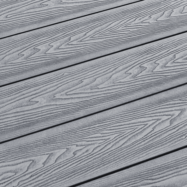 Light grey composite decking board showcasing dual-sided woodgrain texture.