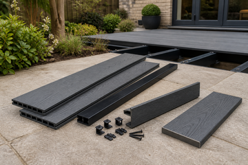 Composite decking boards, joist, edge profiles and fixings arranged beside a garden deck