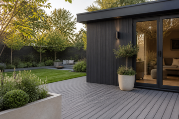 Dark grey clad garden room coordinated with a medium grey composite deck and planting