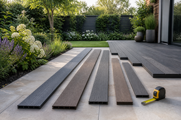 Composite decking boards in different lengths arranged for measuring beside a garden deck