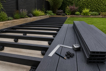 Composite deck support frame, stacked boards and measuring tools prepared for installation planning