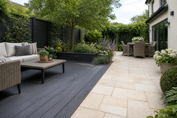 Contemporary garden with a dark grey composite deck beside a pale paved dining area