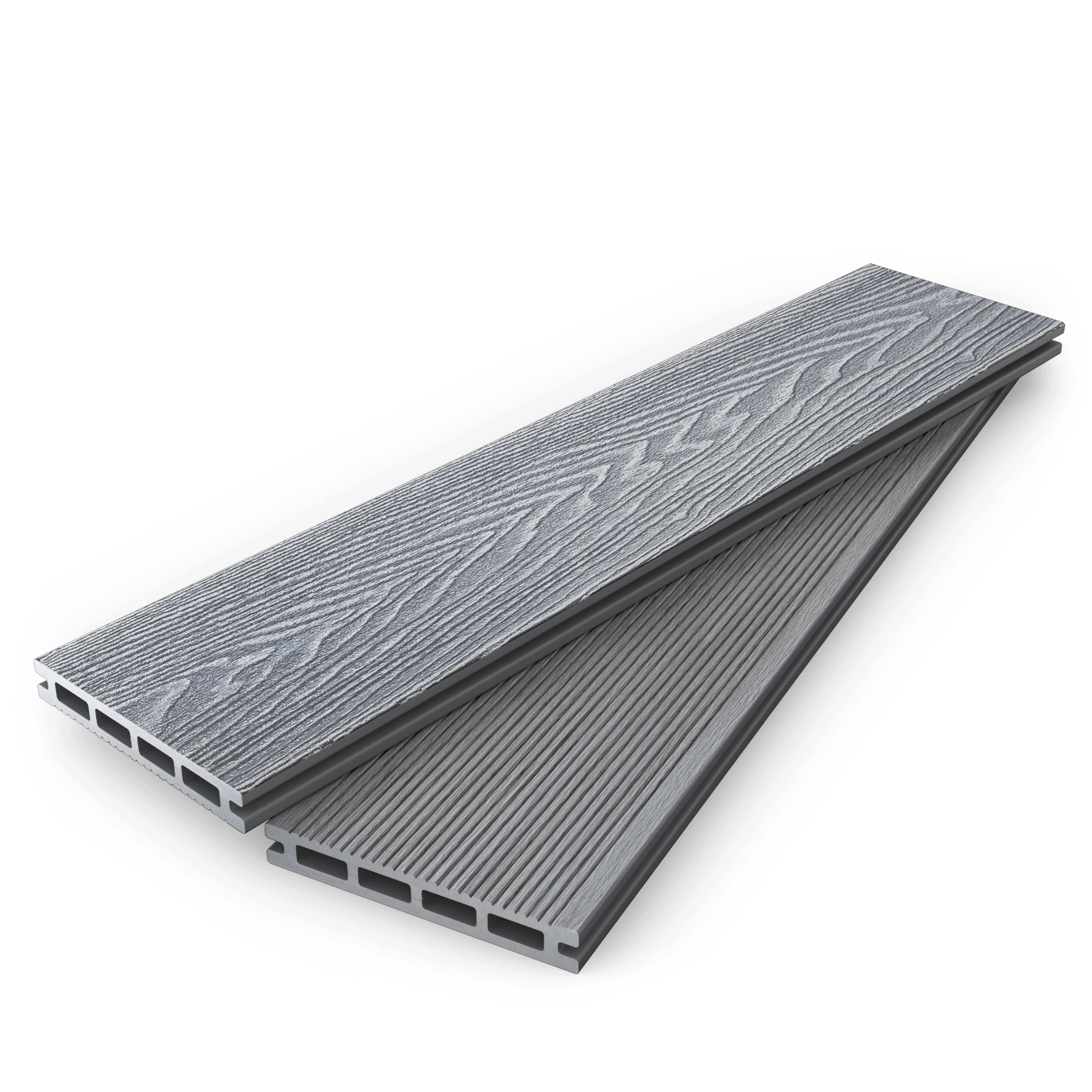 2.8m light grey composite decking board featuring woodgrain and groove textures for outdoor spaces.