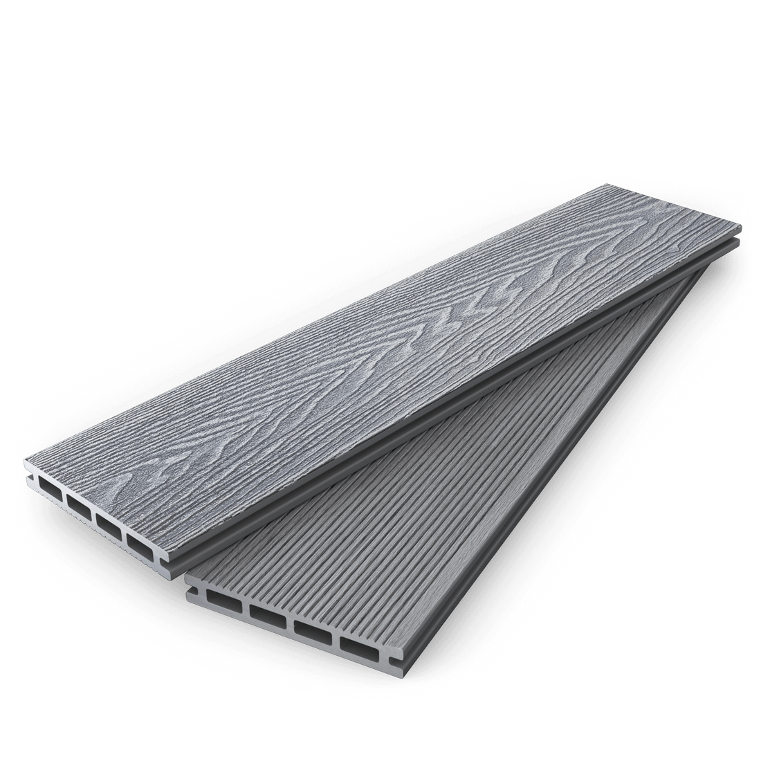 2.8m light grey composite decking board featuring woodgrain and groove textures for outdoor spaces.