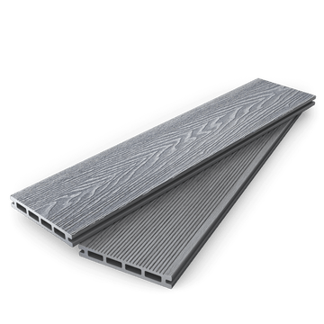 2.8m light grey composite decking board featuring woodgrain and groove textures for outdoor spaces.