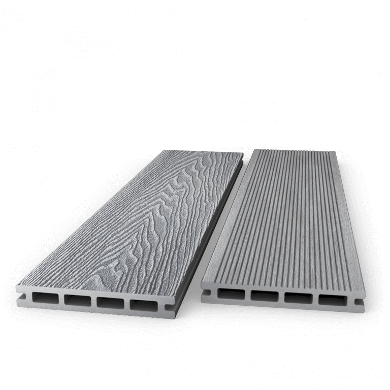 2.8m light grey composite decking board featuring woodgrain and groove textures for outdoor spaces.